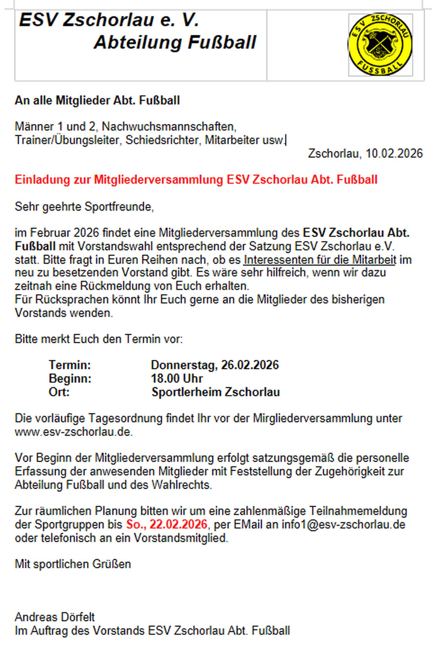 26.02.2026 Mitgliederversammlung und Vorstandswahl